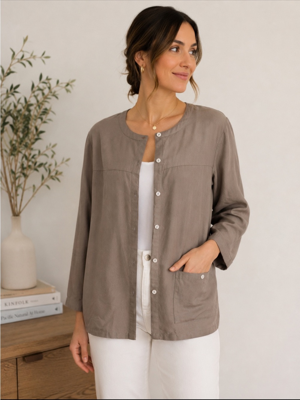 SilkLand 100% Pure Silk Taupe Button Front Jacket Blouse Women’s Small Minimalis
